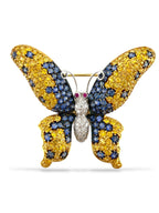 18K Yellow Gold Multi-Color Sapphire, Diamond, and Ruby Butterfly Brooch