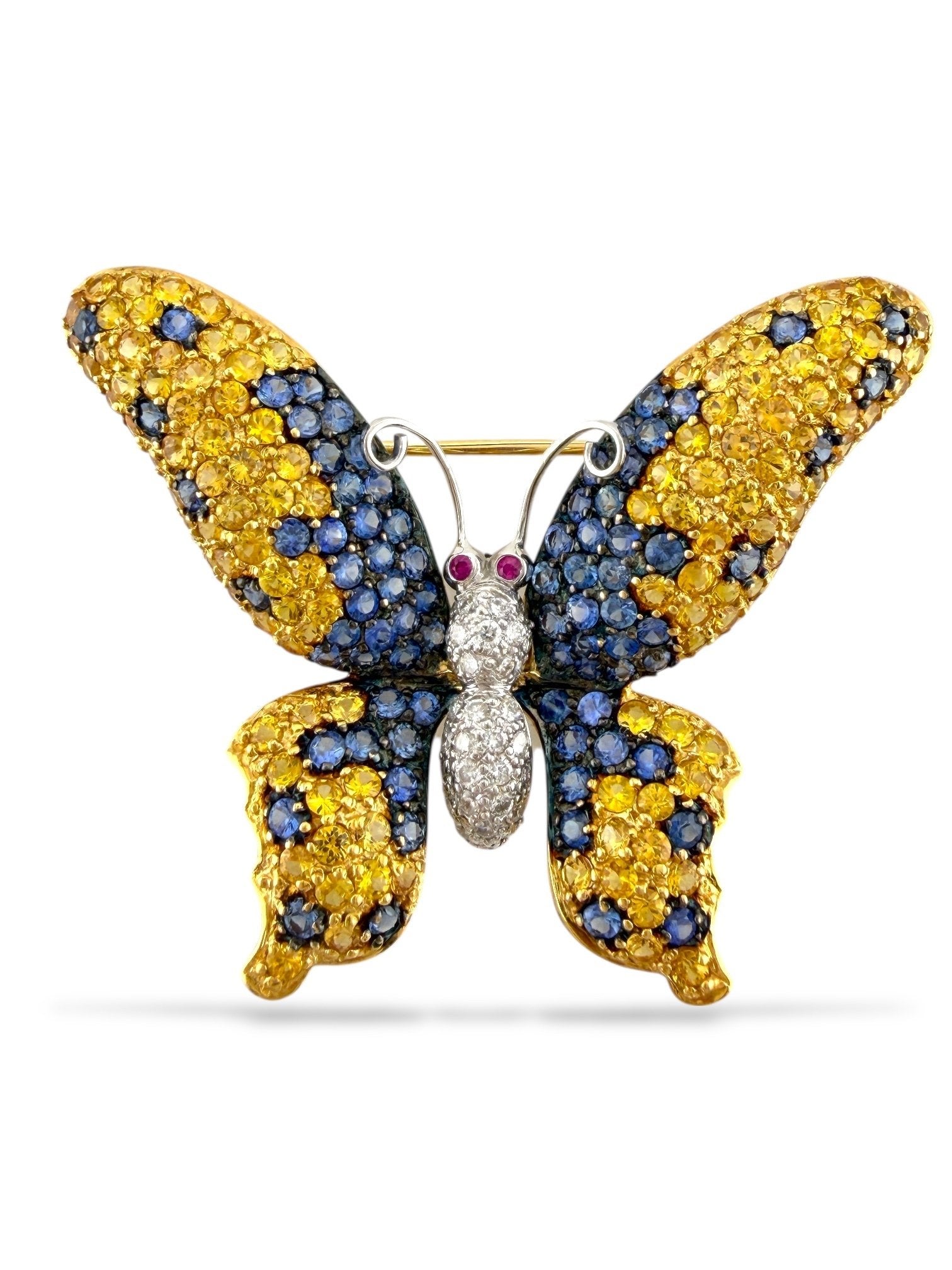 Brooch - 18 kt. Yellow gold, 18K Yellow Gold Multi-Color Sapphire, Diamond, and Ruby Butterfly Brooch Diamond (Natural)