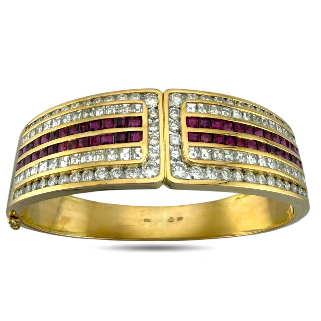 18K Yellow Gold 5.2ct Ruby and 7.02ct Diamond Hinged Bracelet