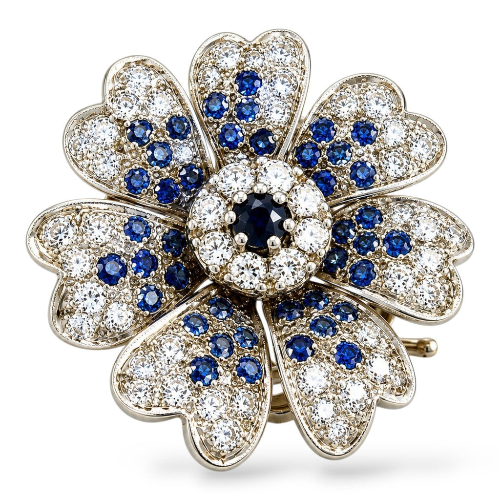 14K White Gold 1.60ct Diamond and 1.15ct Sapphire Flower Brooch