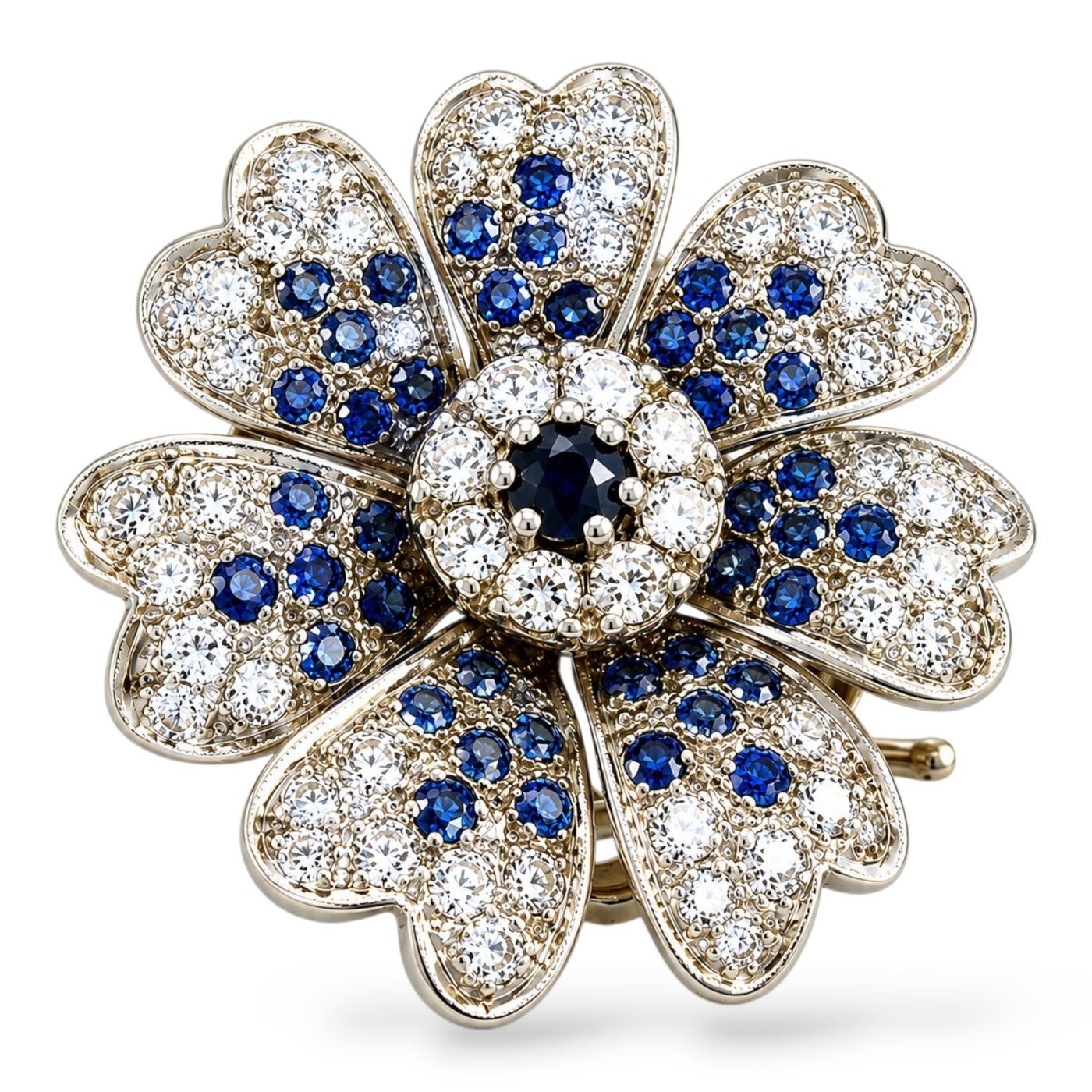 14K White Gold 1.60ct Diamond and 1.15ct Sapphire Flower Brooch