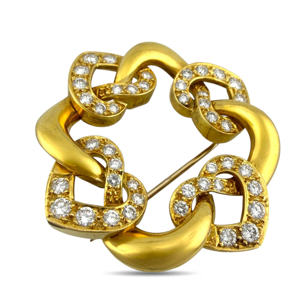 14K Yellow Gold 1.5ct Diamond Interlocking Heart Brooch