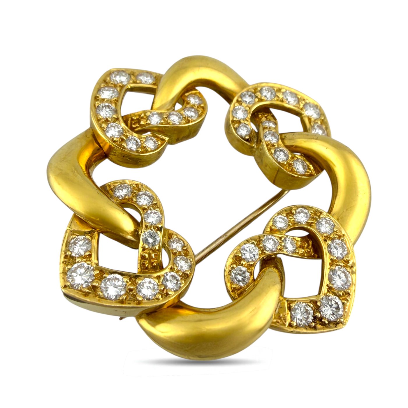 14K Yellow Gold 1.5ct Diamond Interlocking Heart Brooch