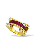 18K yellow gold ring with ruby rows and diamond accents, front view