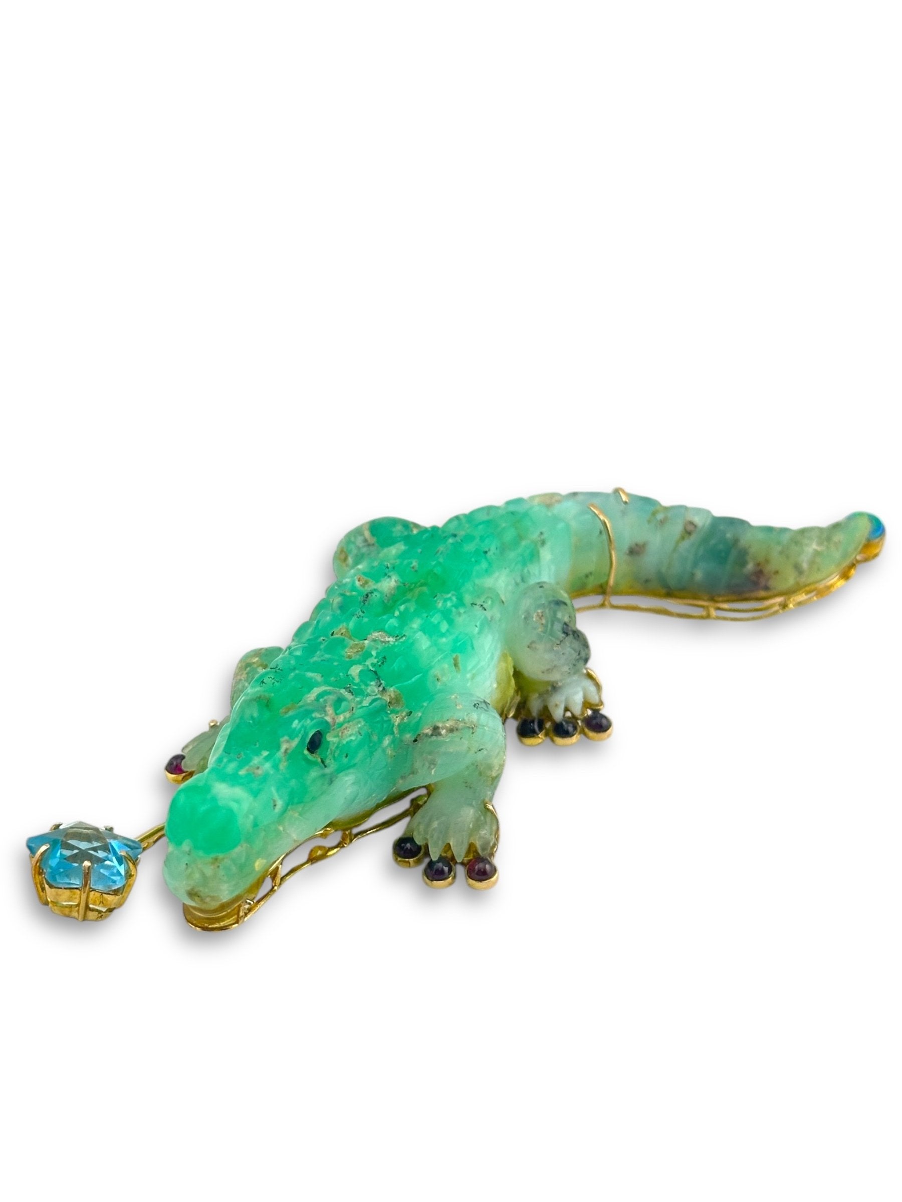 14K Yellow Gold and Jade Crocodile Brooch with Opal Rubies and Blue Topaz