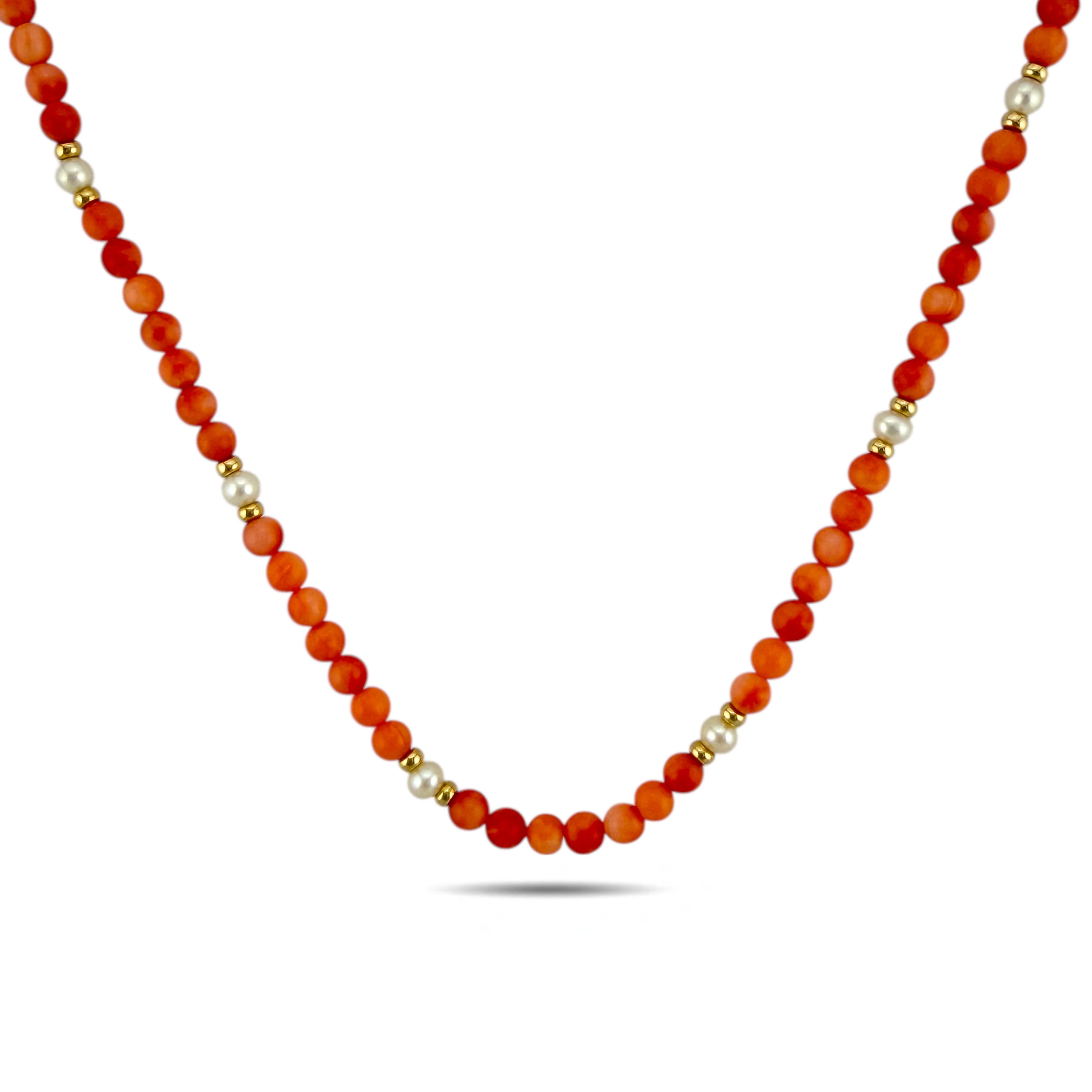 14K Yellow Gold Coral and Opal Beaded Necklace