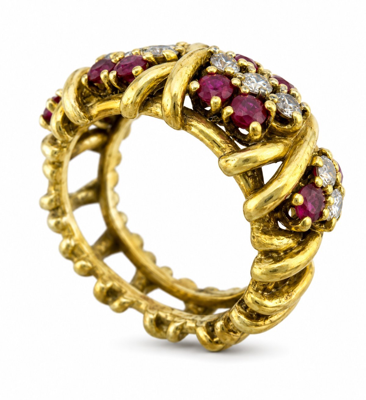 Gold ruby and diamond ring with open-work links, circular side view