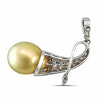 Diamond and pearl Viking horn brooch with yellow pearl, prong setting and clasp