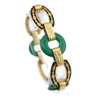 Antique Art Deco Carved Undyed Green Onyx and Black Enamel 14K Gold Bracelet