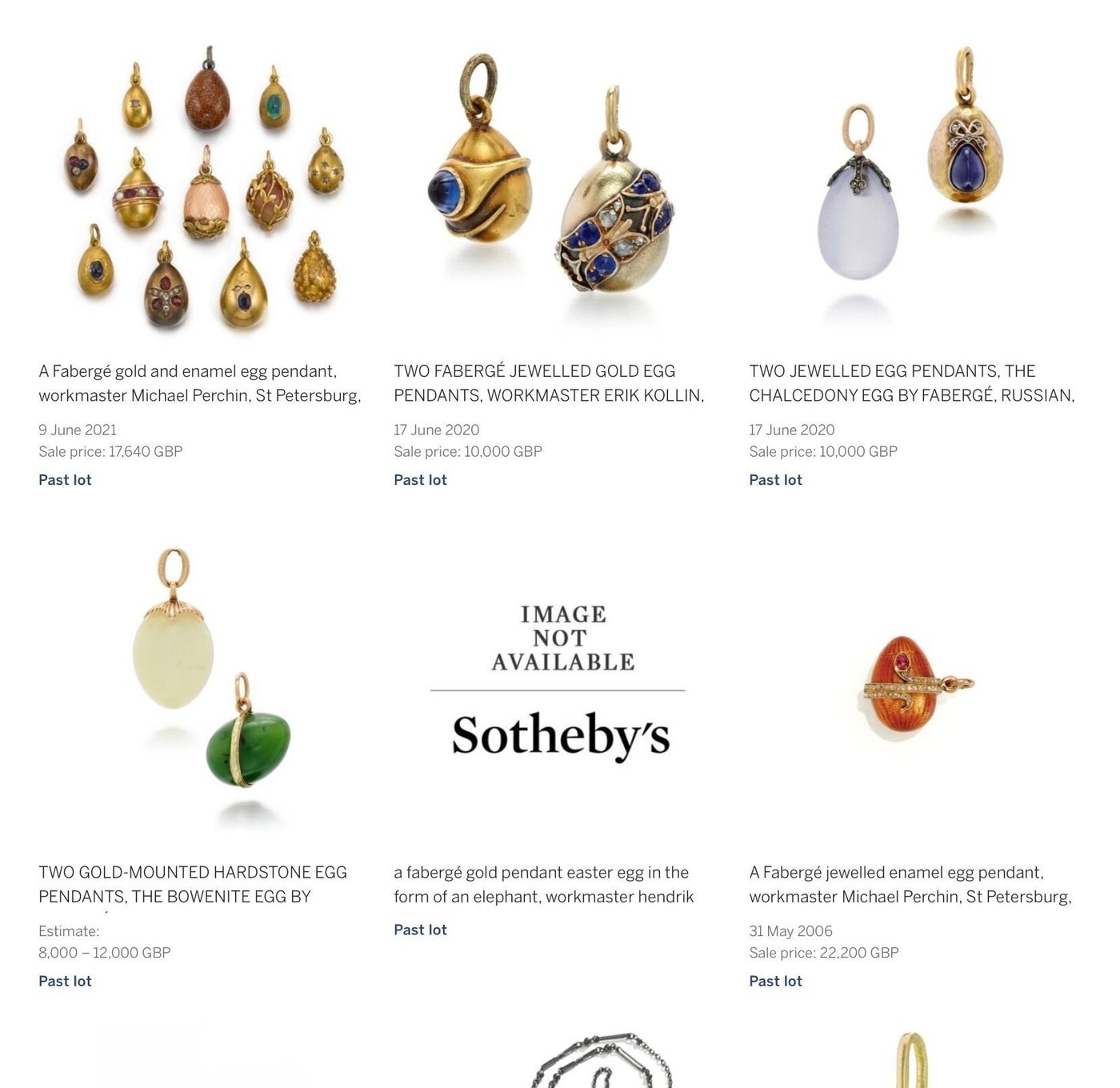 Multiple gold and enamel egg pendants with blue, green, and red gemstone accents