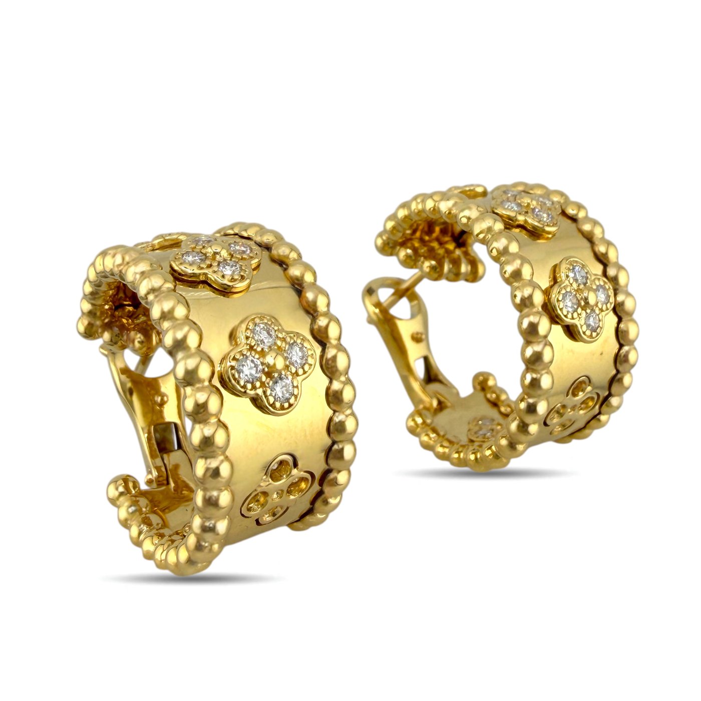 18k yellow gold hoop earrings with clover diamond motifs and beaded edge