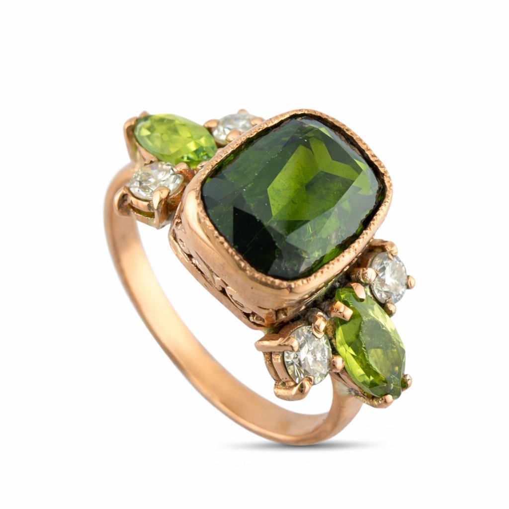 Imperial Russian 14K Rose Gold 2.15ct Peridot & 0.16ct Diamond Ring