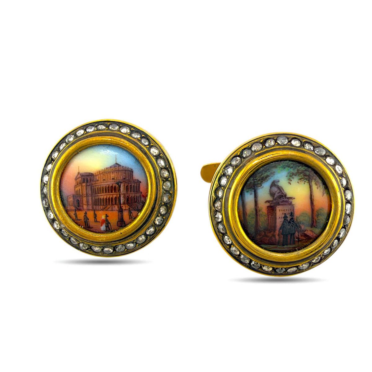 Pair of gold scenic enamel cufflinks with round diamond borders, shown face-on