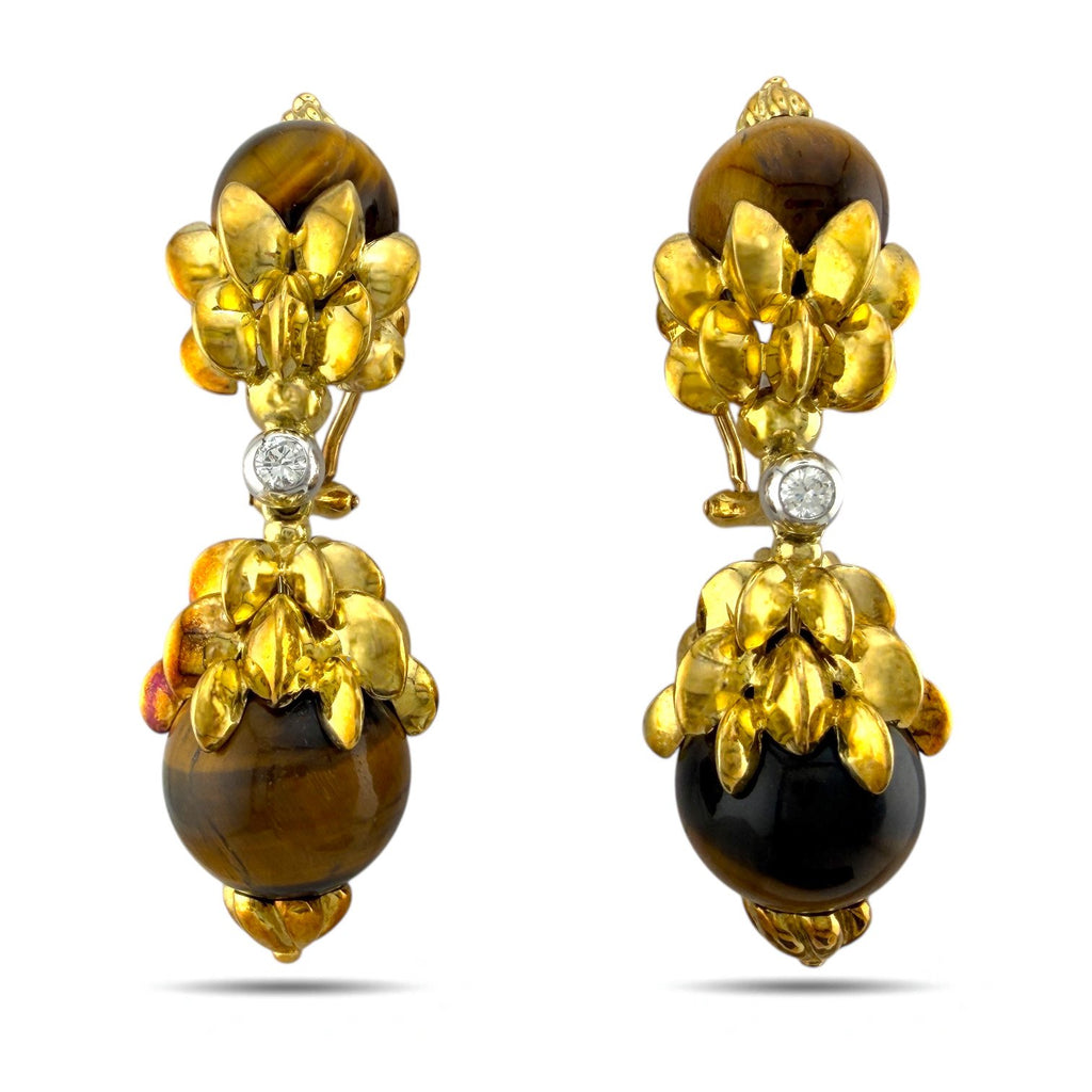 14K Yellow Gold Carved Wood and 0.28ct Diamond Earrings