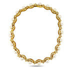 Yellow gold choker necklace with white pearls and diamond accents in an arched design