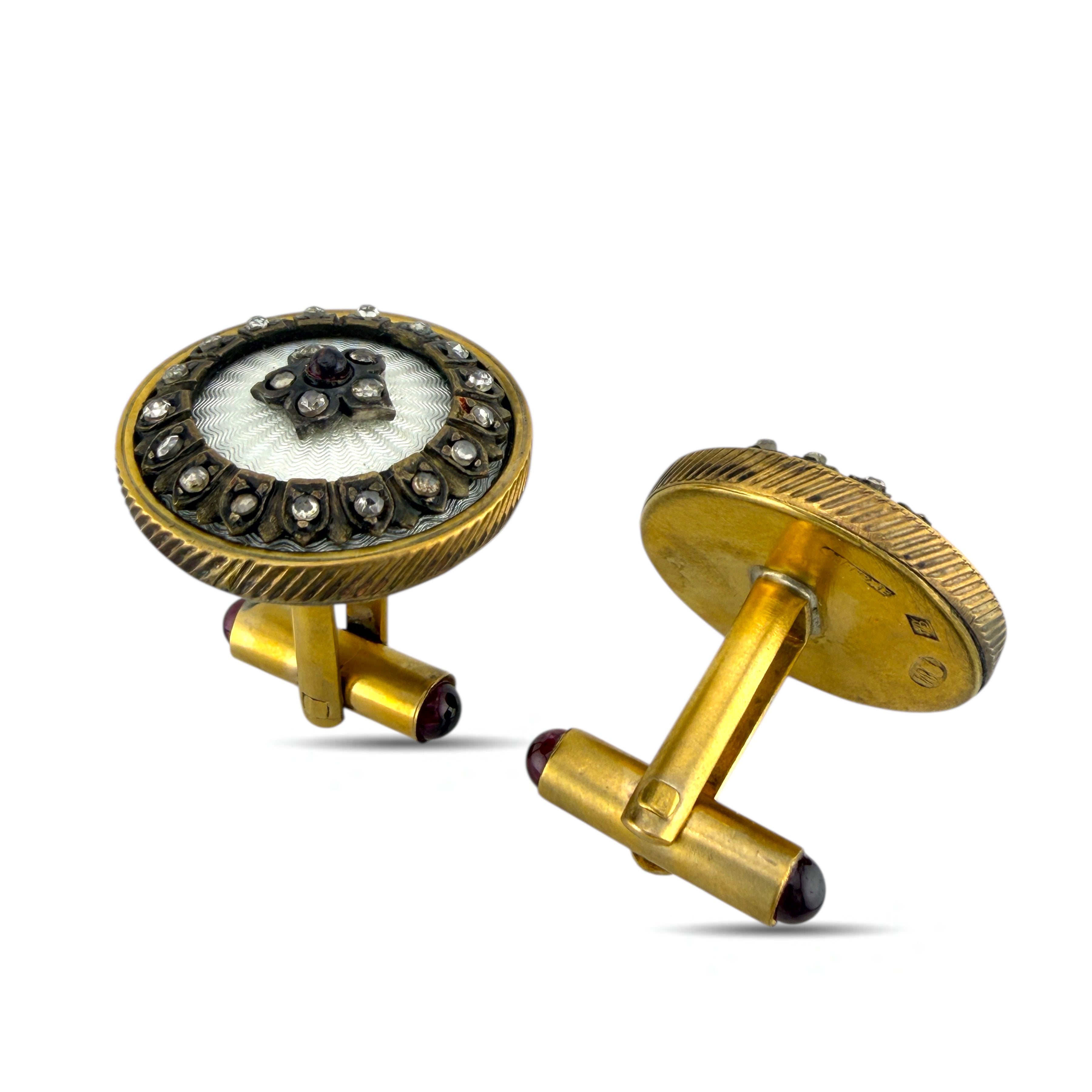 Faberge Imperial Russian Silver 0.44ct Diamond and Ruby Cufflinks