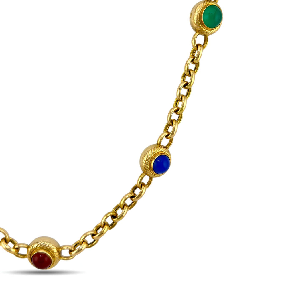 Italian 14K Yellow Gold Multi Gemstone Cabochon Round Necklace