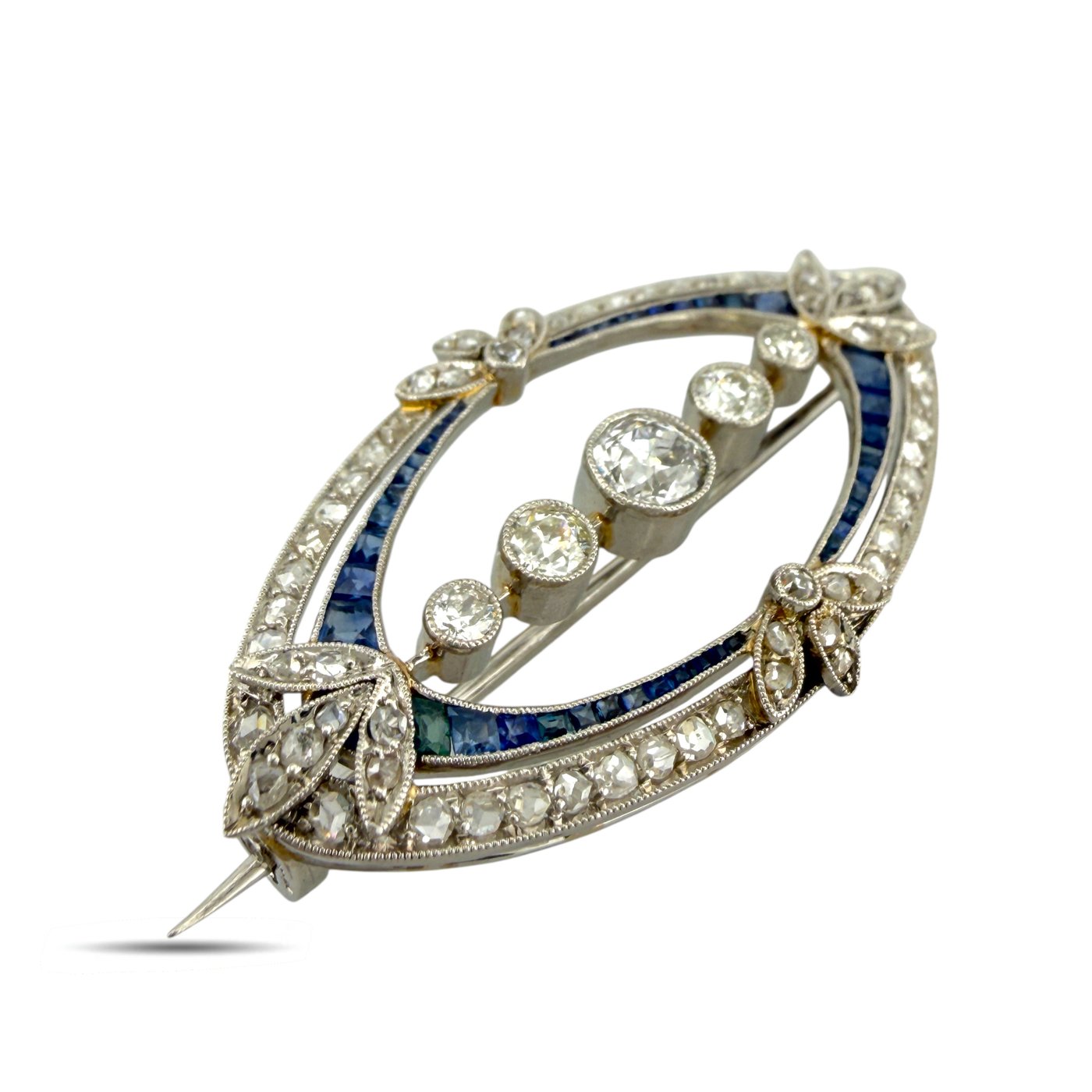 18K White Gold Art Deco 2.05ct Diamond and Sapphire Oval Brooch