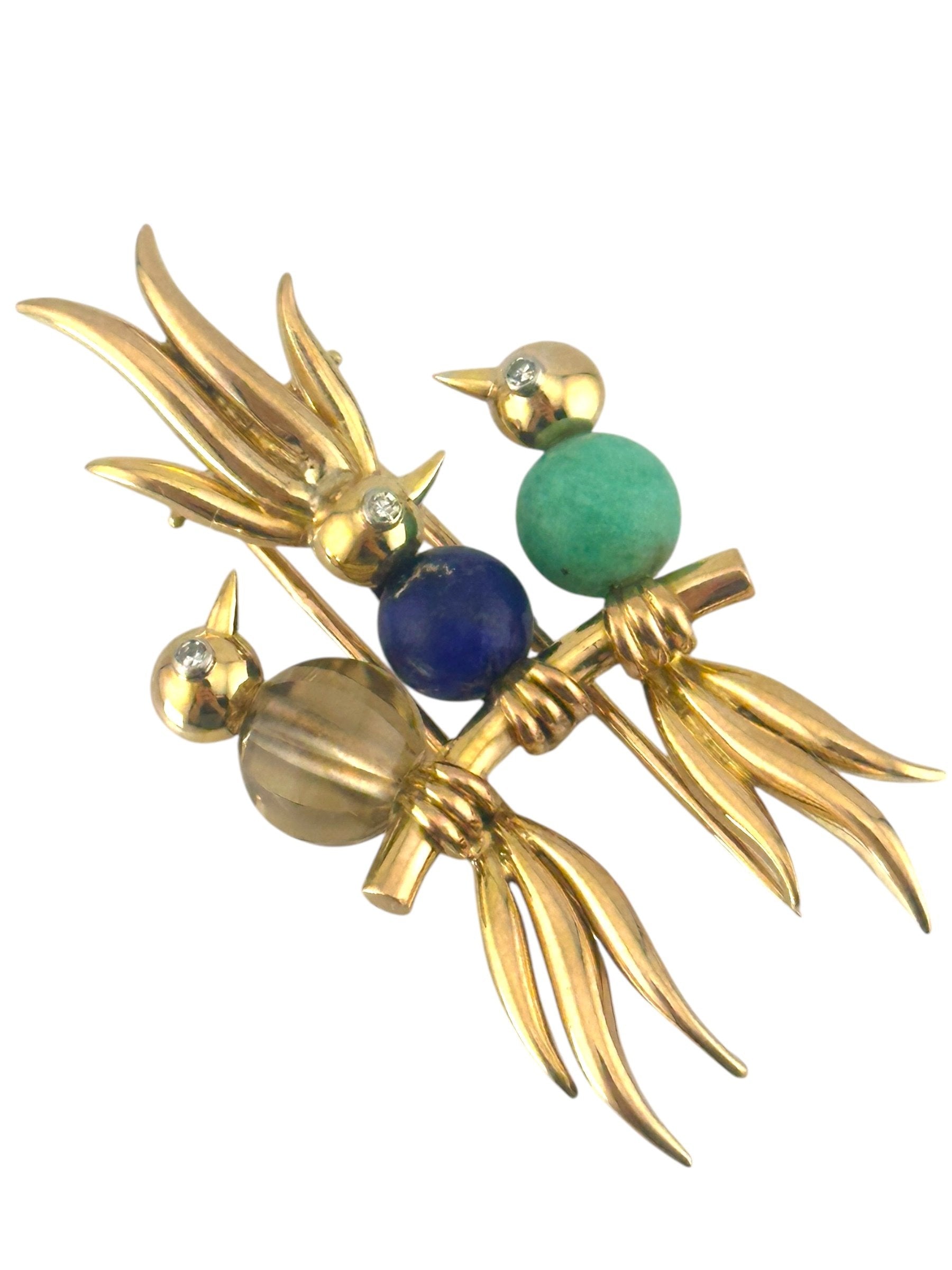 Brooch - 14 kt. Yellow gold, Trio of Birds Diamond-Eyed Brooch in 14K Gold