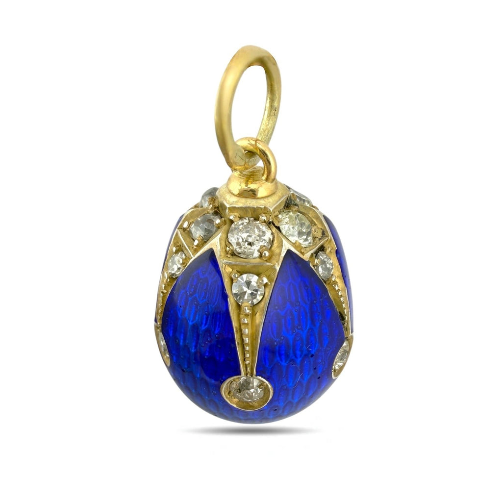 Imperial Russian 14K Yellow Gold and Blue Enamel 0.9ct Diamond Egg Pendant