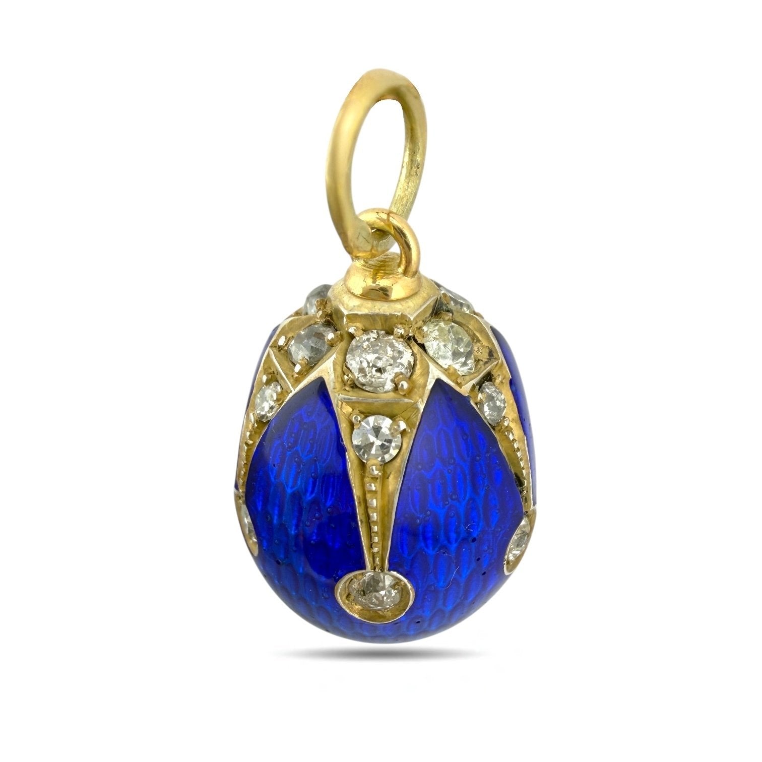 Imperial Russian 14K Yellow Gold and Blue Enamel 0.9ct Diamond Egg Pendant