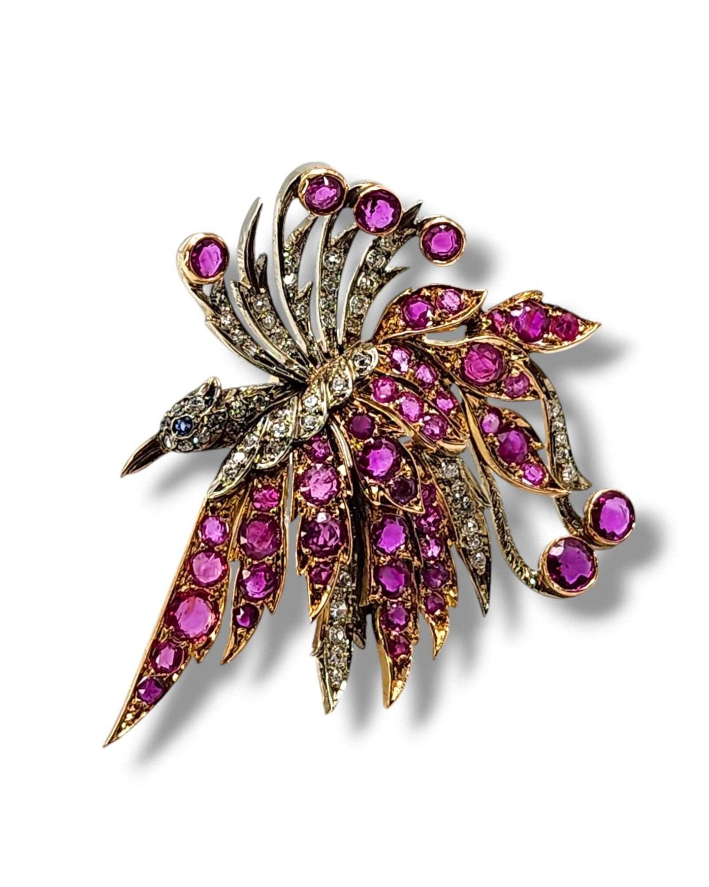 Brooch - 18 kt. Yellow gold, Gorgeous Vintage 18k Gold & 1.0ct Diamond Brooch Swan 16.5 grams - 1.00ct. tw. Diamond (Natural) - Ruby