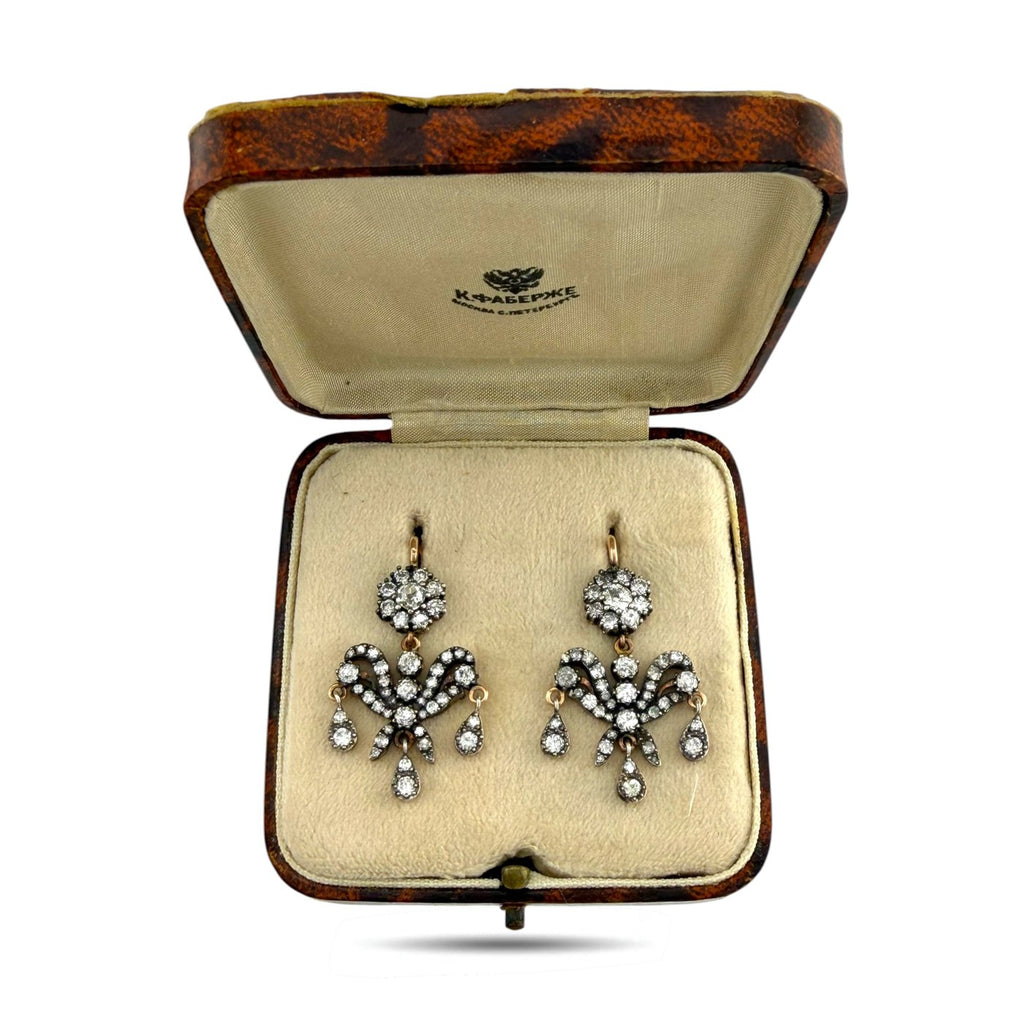 Imperial Russian 56K Rose Gold K. Faberge 3.75ct Diamond Earrings