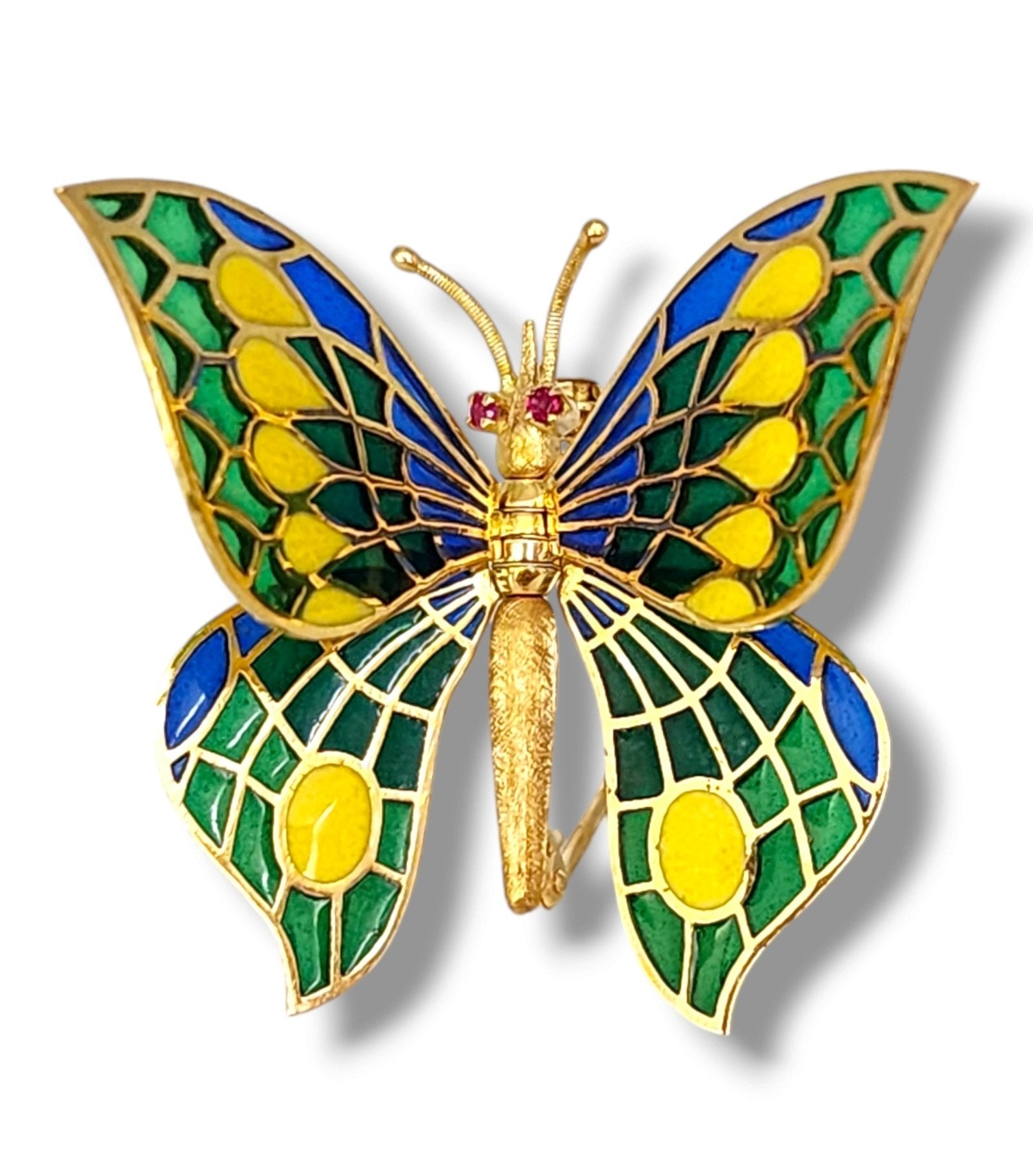 Brooch - 14 kt. Yellow gold, Lovely Rare Gold, Plique-à-jour Enamel &  Diamond Brooch Butterfly