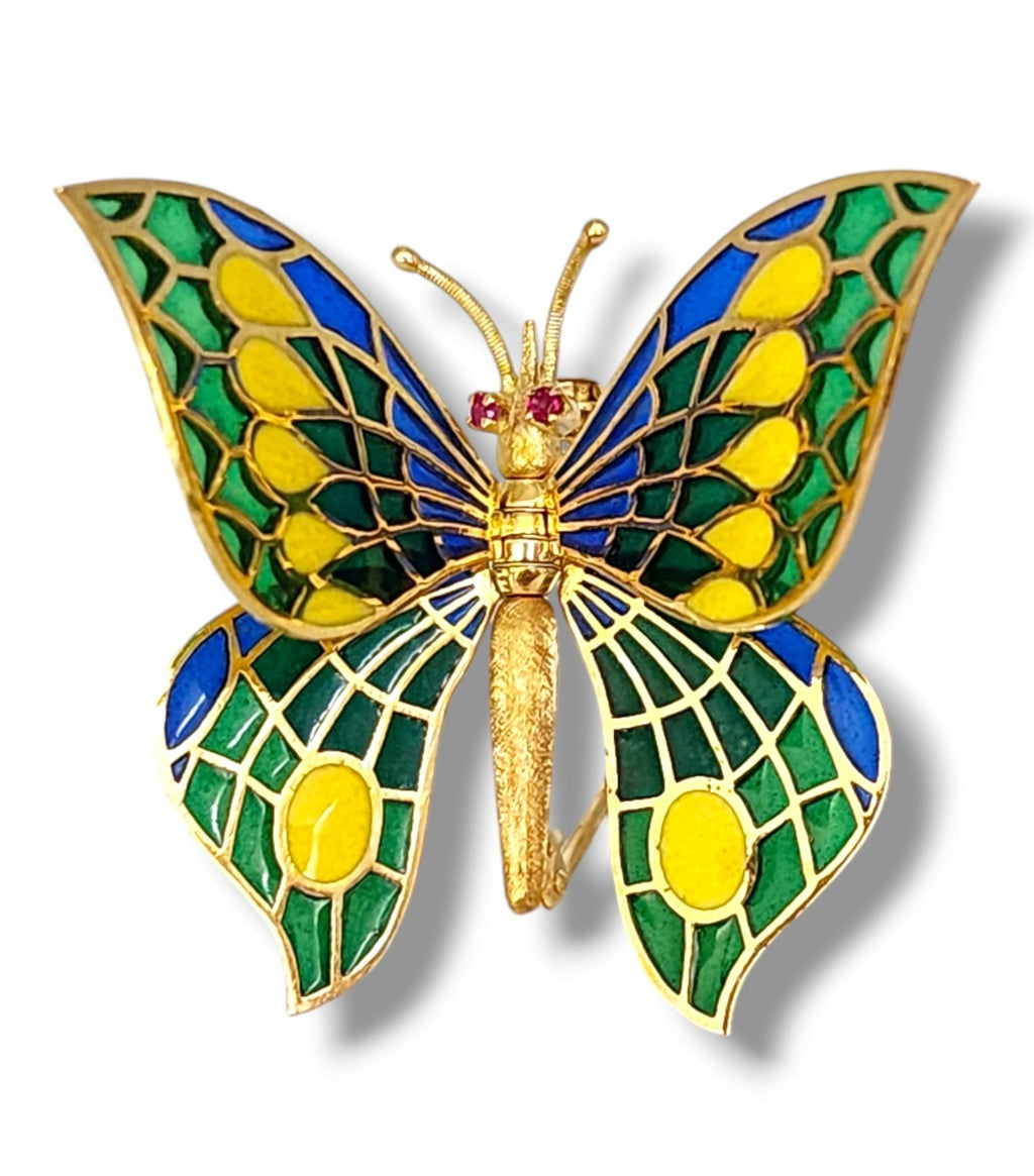Plique-à-jour Enamel and Diamond Brooch Butterfly