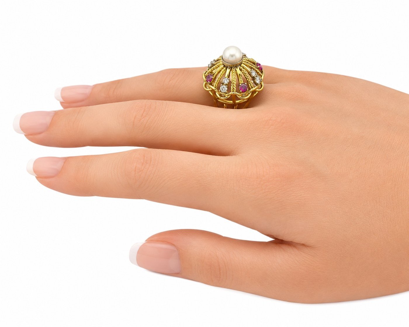 14K Yellow Gold Pearl, Ruby and Diamond Statement Dome Ring