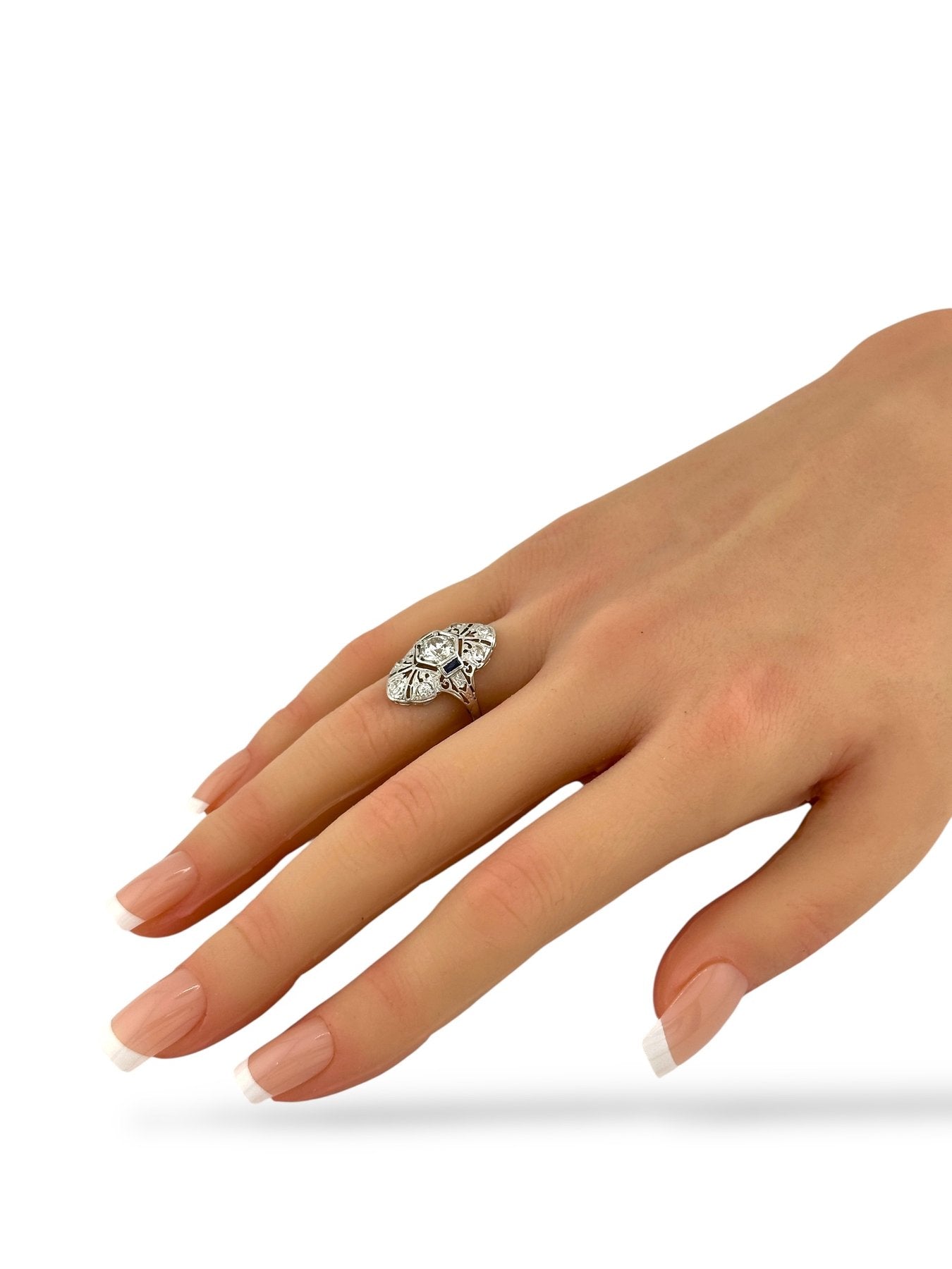 Art Deco 18K White Gold Ring with 0.90 Carat Diamond and Sapphires