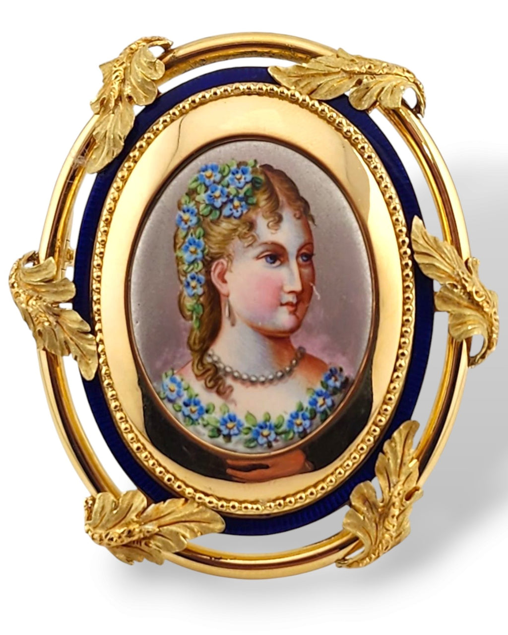French 19th Century 18K Gold and Enamel Portrait Antique Brooch