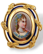 French 19th Century 18K Gold and Enamel Portrait Antique Brooch
