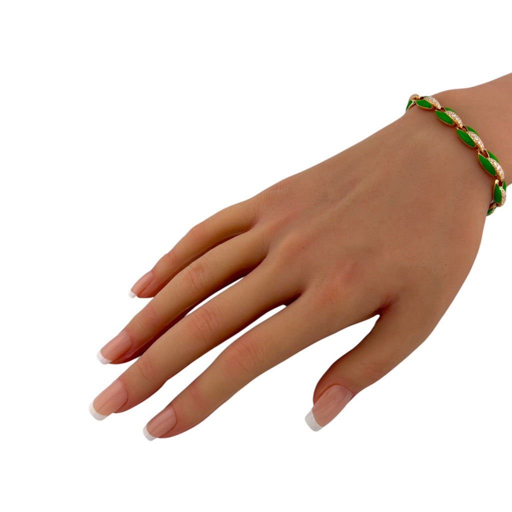 18K Rose Gold Green Enamel and 1.33ct Diamond Link Bracelet