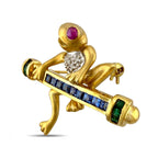 14K Yellow Gold Ruby Sapphire Emerald and 0.02ct Diamond Leaping Frog Brooch