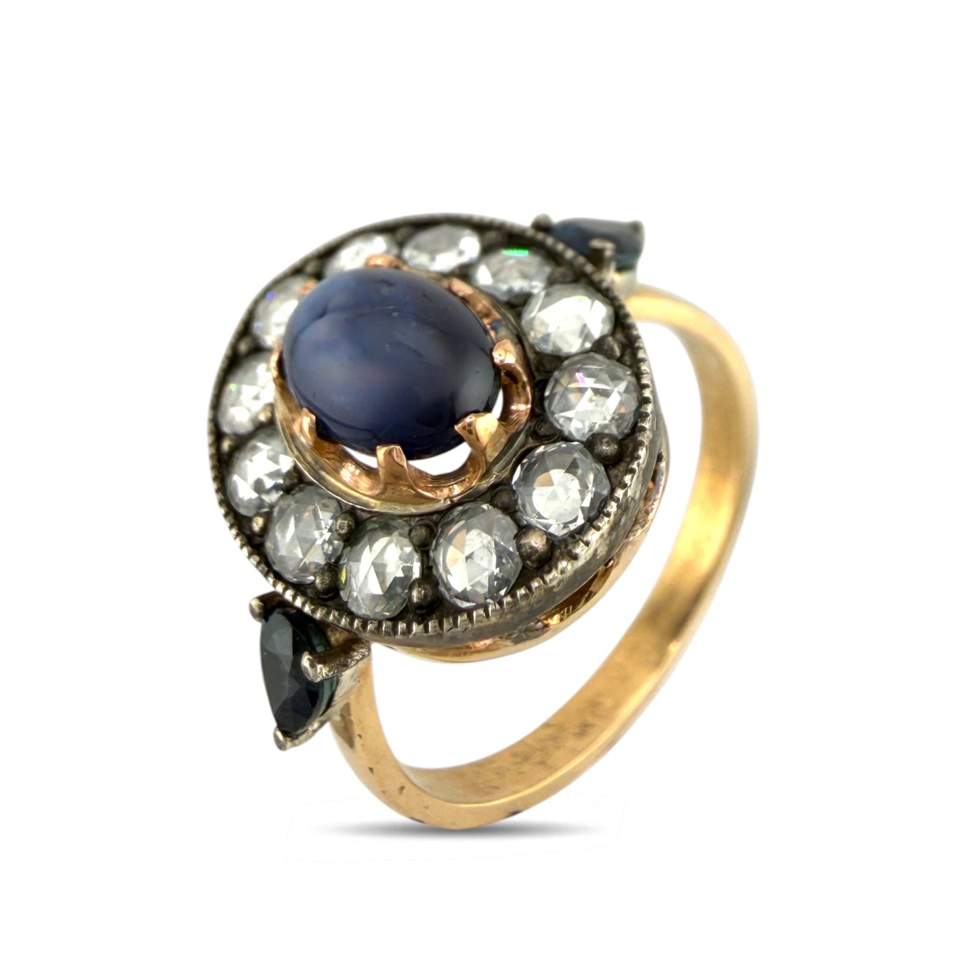 14K Rose Gold Imperial Faberge Russian 0.72ct Sapphire and 0.72ct Diamond Ring