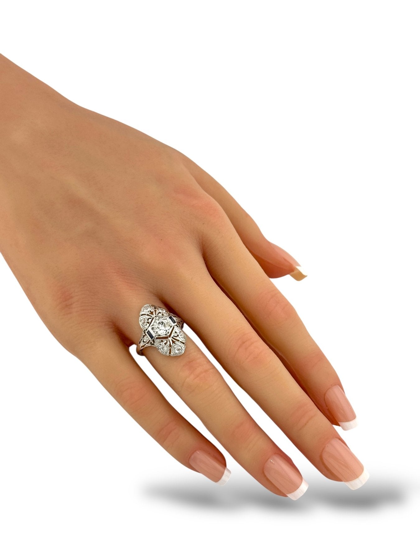 Art Deco 18K White Gold Ring with 0.90 Carat Diamond and Sapphires