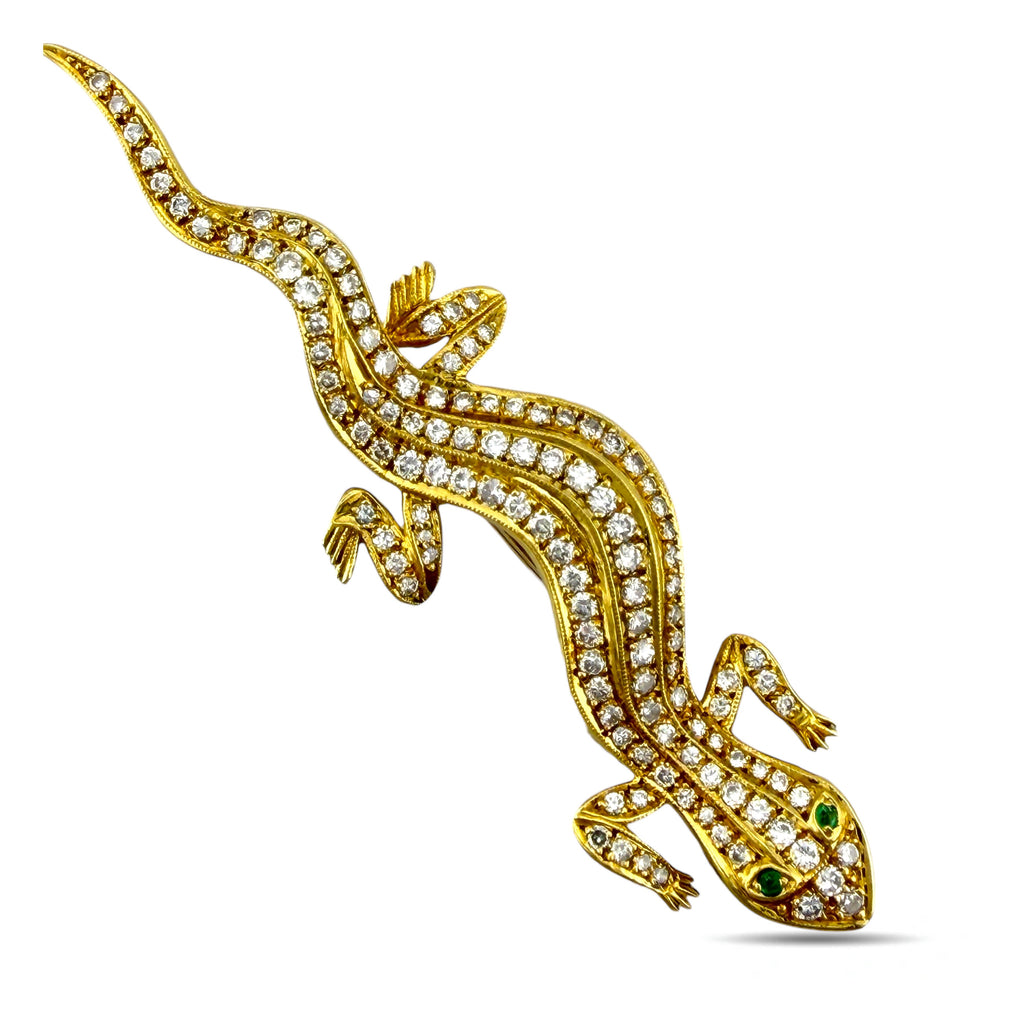 Lizard Brooch 18K Yellow Gold 1.41ct Diamond and Emerald