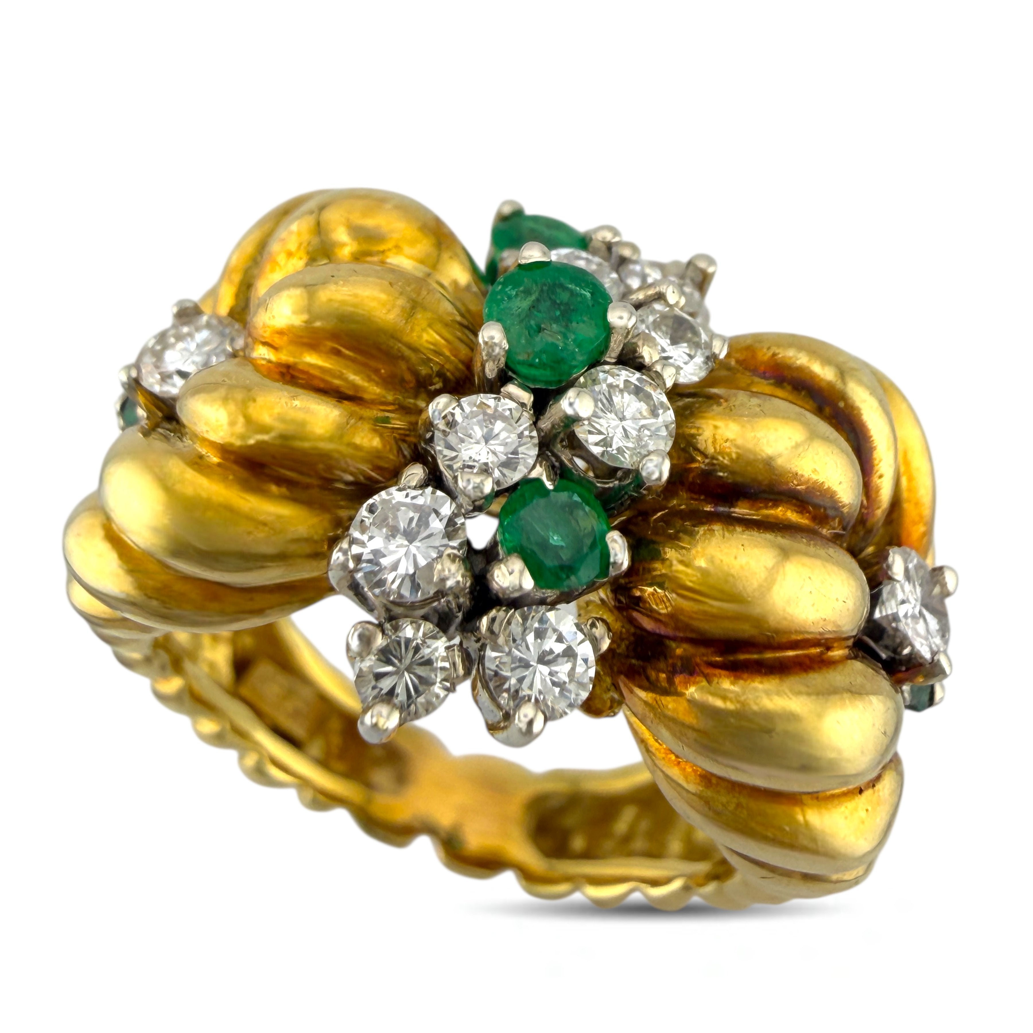 18K Yellow Gold 0.48ct Diamond and Emerald Cocktail Ring