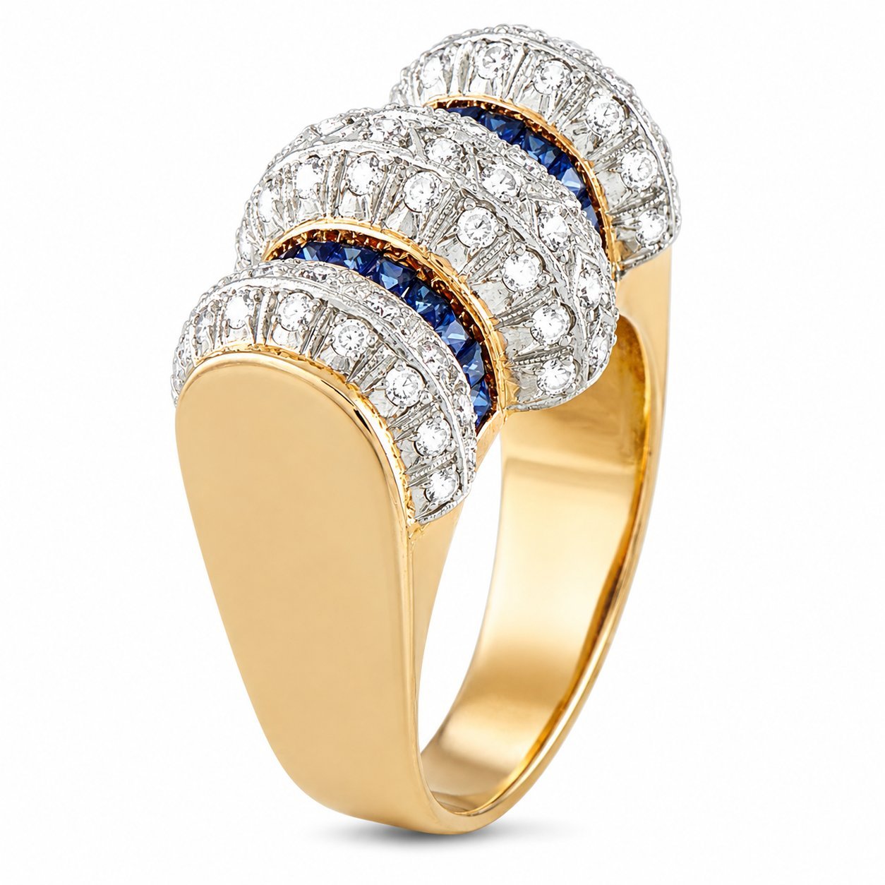 Antique diamond and sapphire bombe ring with gold band