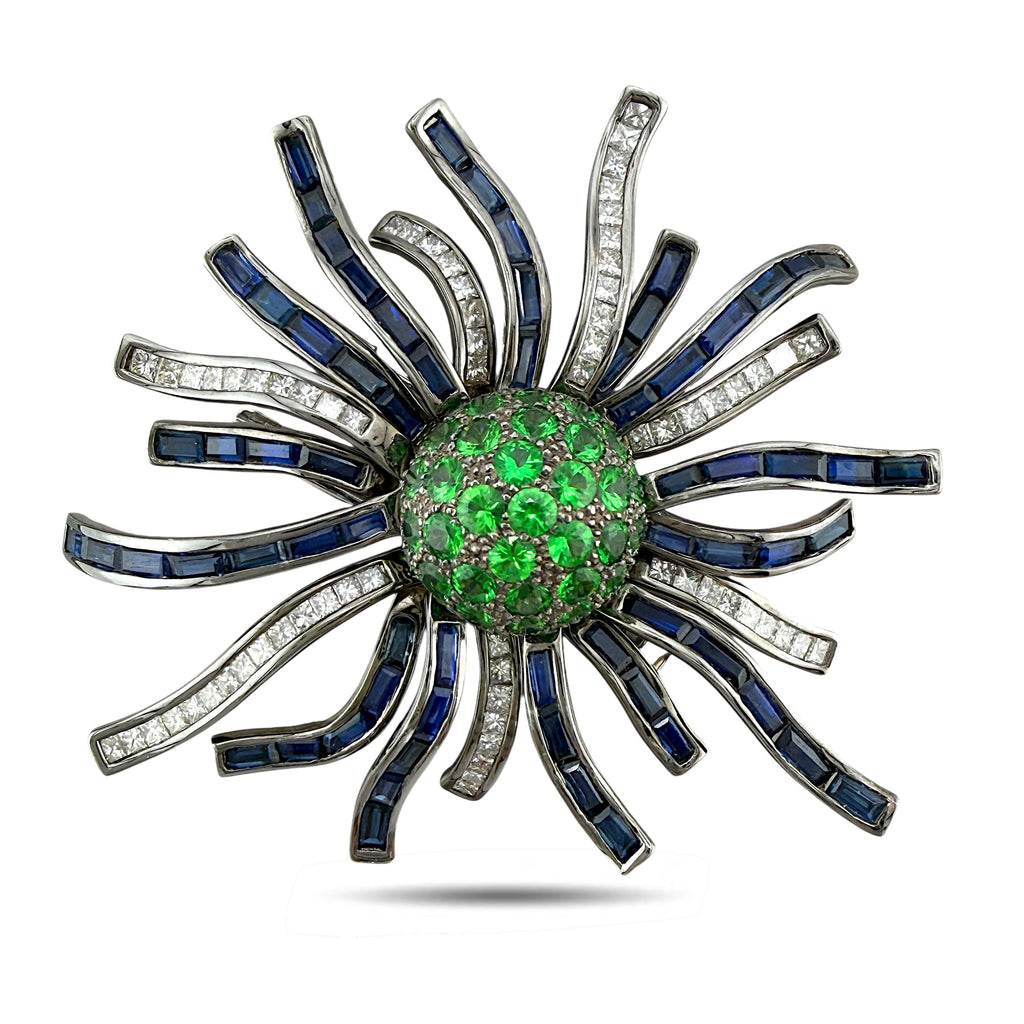 18K White Gold 2.64ct Emerald, 1.64ct Diamond and Sapphire Brooch