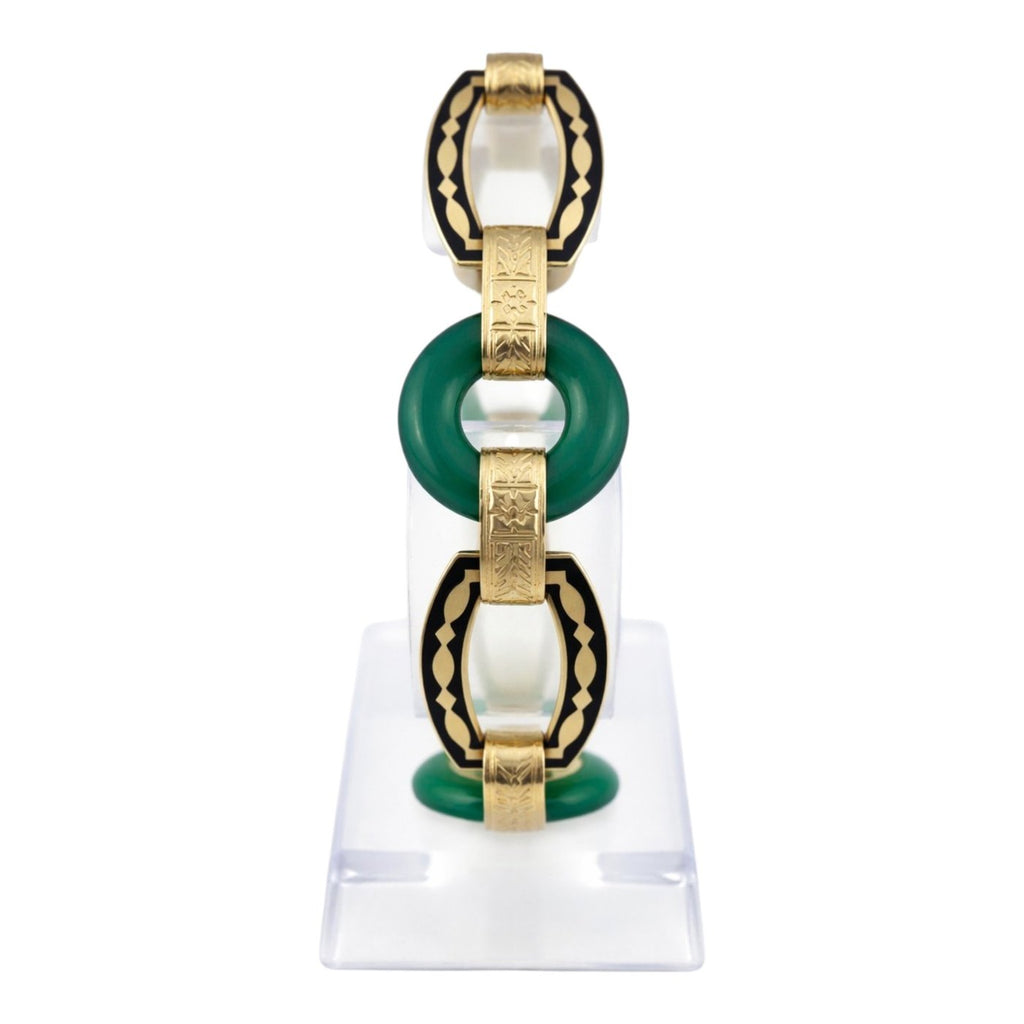 Antique Art Deco Carved Undyed Green Onyx and Black Enamel 14K Gold Bracelet