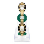 Antique Art Deco Carved Undyed Green Onyx and Black Enamel 14K Gold Bracelet