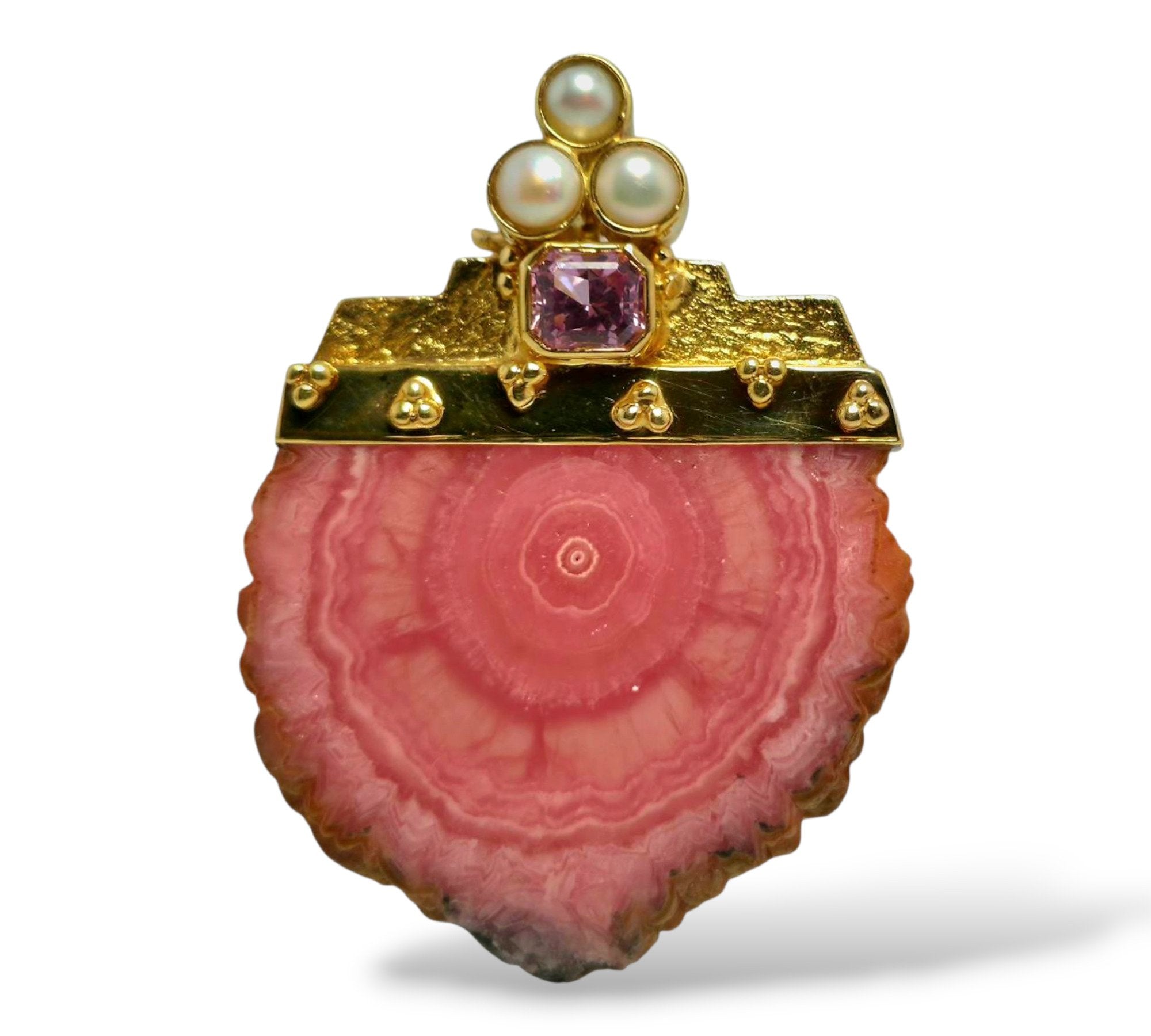 Brooch - 18 kt. Yellow gold, 18K Yellow Gold Brooch / Necklace  with 1.55Ct Kunzite, Rhodochrosite, and Pearls