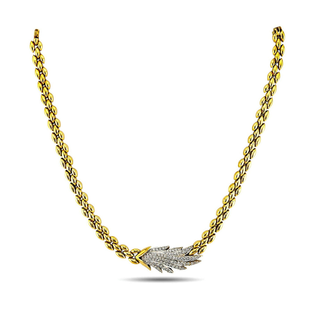 18K yellow gold diamond feather flexible link necklace with feather pendant