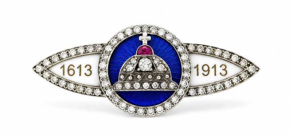 K. Faberge Imperial Russian 56 Rose Gold Romanov 300 Year Anniversary 1.70ct Diamond and Ruby Brooch