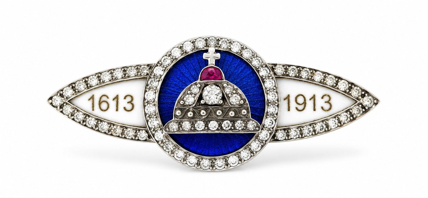 K. Faberge Imperial Russian 56 Rose Gold Romanov 300 Year Anniversary 1.70ct Diamond and Ruby Brooch