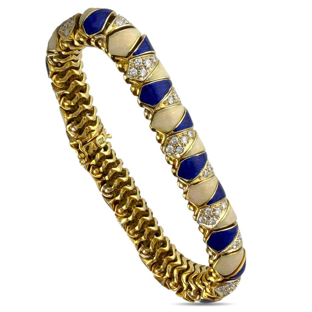 Italian 18K Yellow Gold 2.7ct Diamond, Blue and Tan Enameled Bracelet