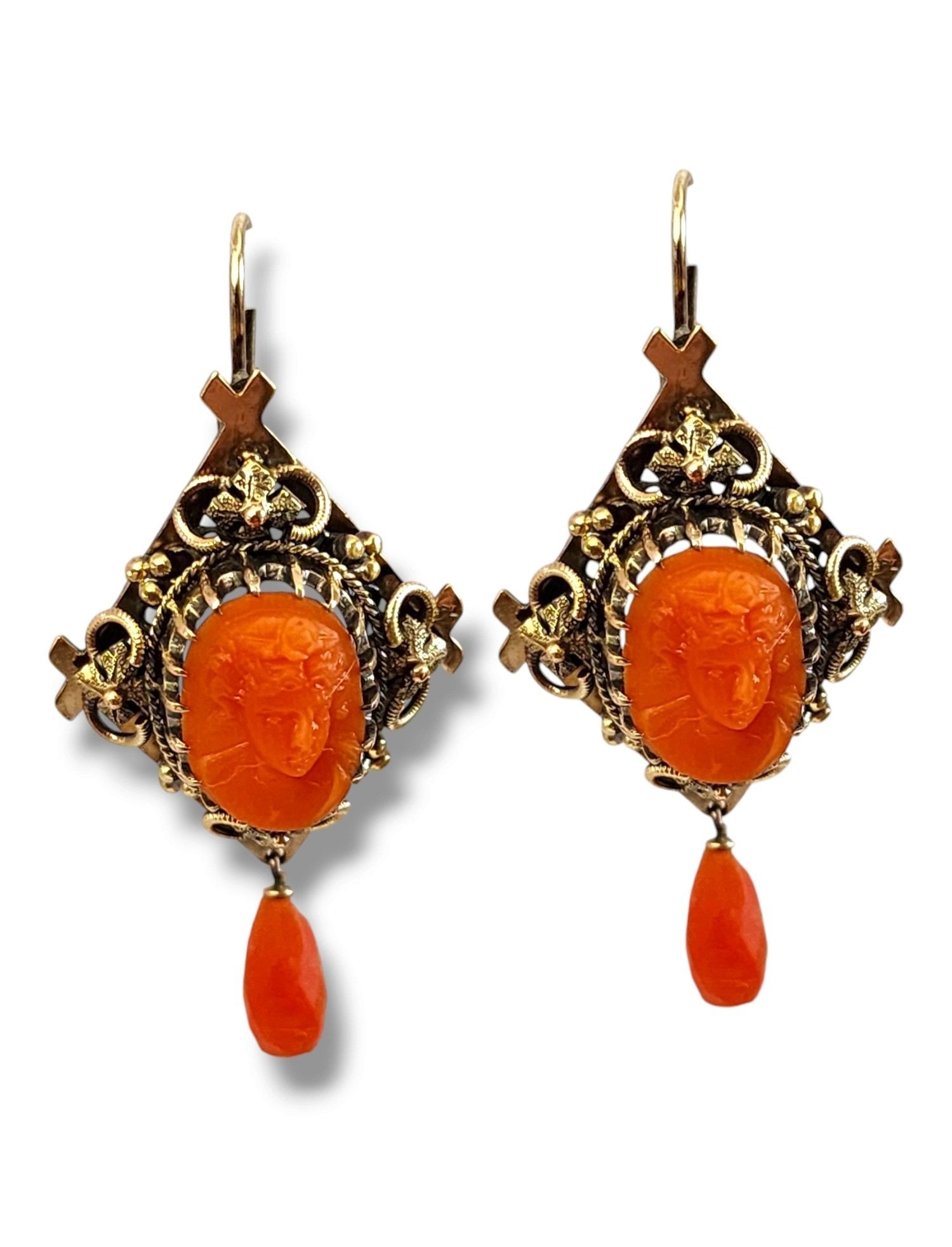Victorian 14K Carved Coral Cameo Set Pendant, Brooch, Earrings