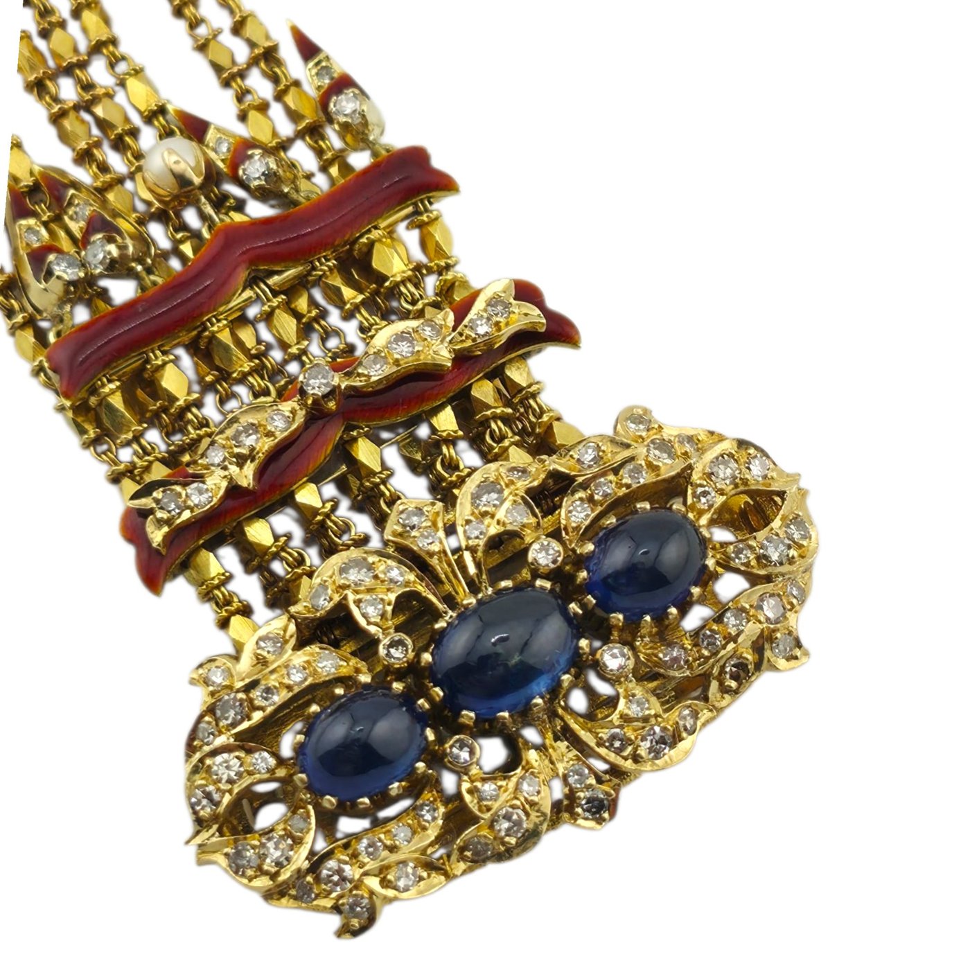 Antique 18K Yellow Gold Red Enamel 4.00ct Sapphire and 2.50ct Diamond Bracelet